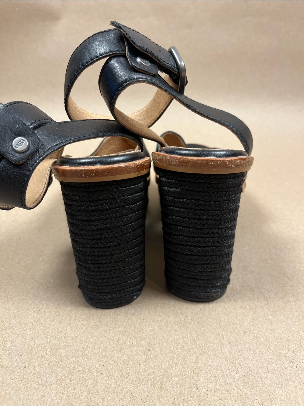 UGG Black Leather Platform Sandal Ankle Strap Rope Heel Size 8.5 Y2K Resort Wear - Picture 4 of 5